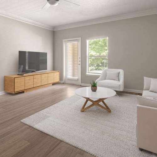 Settle into comfort at Villas at West Ridge a living room with a wood floor and neutral decor