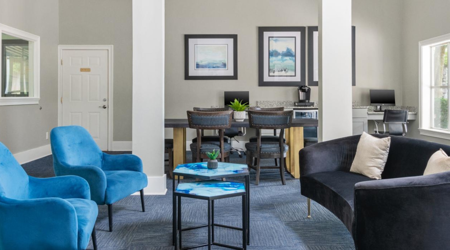 seating area attached to a space to use computers and print